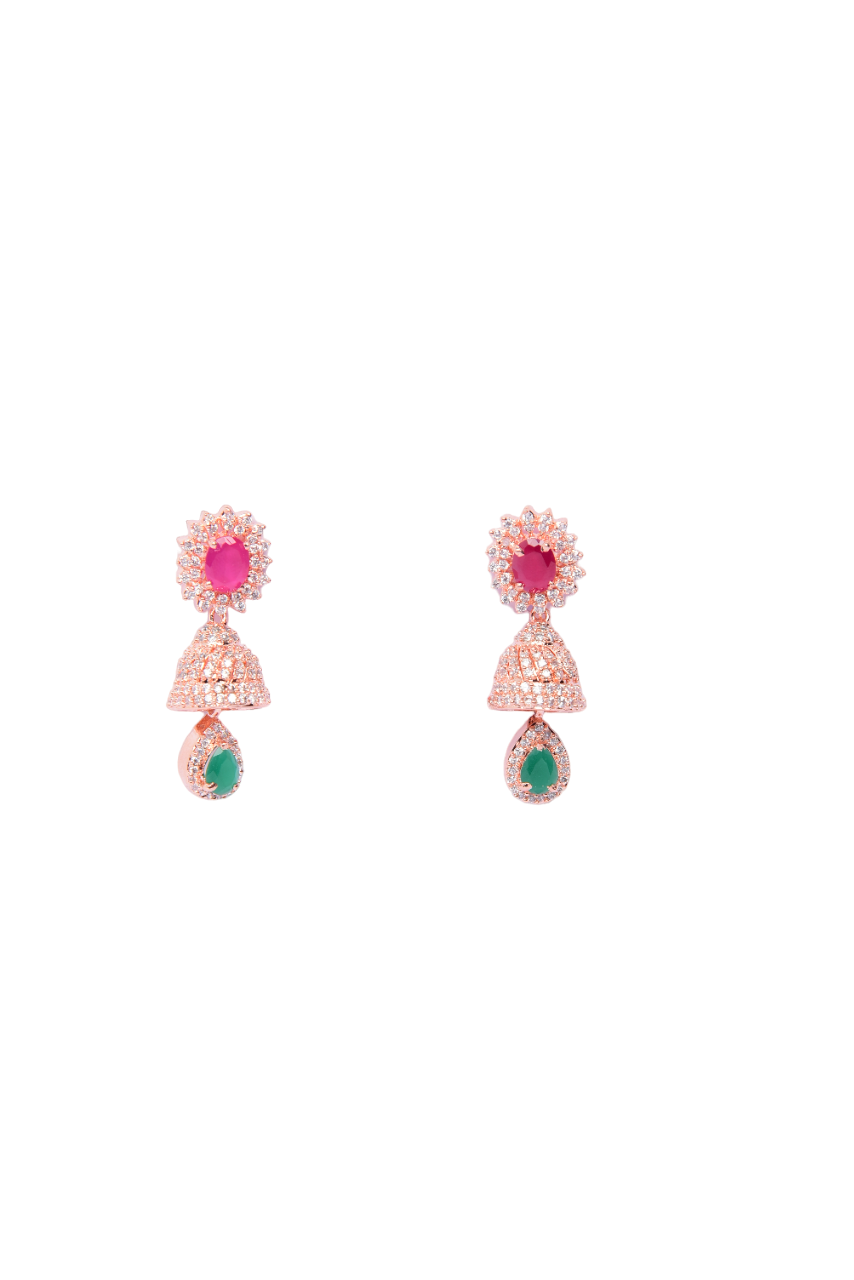 Namokriti Rose Gold-Plated Earrings | Artificial Diamond Studded with Ruby & Emerald Look